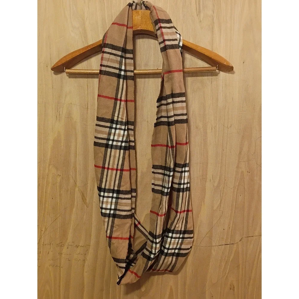 Tan Plaid Infinity Scarf Cashmere Feel Viscose Italy Design Check Loop Scarf